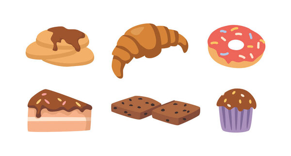 Dessert and sweets assortment and variety, isolated confectionery product, tasty restaurant treats. Vector cake and donut with glazing, pancake and cupcake, cookies with chocolate and croissant.