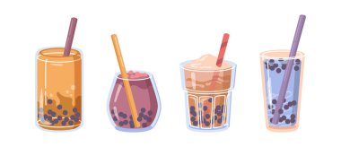 Bardaklarda ve pipetlerde servis edilen boba köpüğü çayı. Buz küplü organik doğal armut içeceklerini izole et. Hipster 'lar için kafe ya da restoran menüsü. içeceklerin tropik meyve aroması