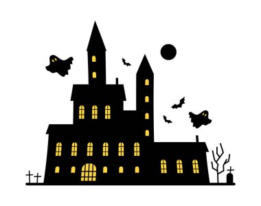 Bahçesinde mezarlık ve mezar taşları olan eski bir ortaçağ kalesi. Vektör, yarasalar ve hayaletlerle dolu Cadılar Bayramı perili evini izole etti. Dolunay ve korkunç ürkütücü korku ve ürkütücü tatil havası.