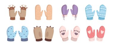 Eller için kış aksesuarları, çocuklar için izole edilmiş sıcak eldivenler. Kışın ısınmak için modaya uygun şık kıyafetlerin vektör koleksiyonu. Kumaş veya yün malzemelerinden mevsimlik eldivenler