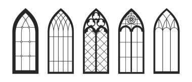 Gotik pencereler, mozaikle izole edilmiş kemerli sınırlar. Klasik ortaçağ mimari tasarımı, kilise ve katedrallerin dış görünüşü ve cephesi için elementler, monokrom tarzı