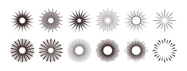 Dikey çizgileri olan eski dairelerin koleksiyonu güneş şeklinde izole edilmiş minimalist dekorasyonlar. Vektör, basit yuvarlak formu, çerçeve için geometrik dekorasyonu izole etti. Radyal günbatımı ışınları