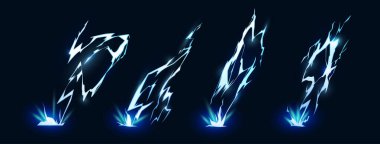 Yere yıldırım düştü. Oyun tasarımı ya da hava durumu için izole edilmiş çizgi film yıldırımları. Güçlü doğal kuvvet, ateş püskürt ve vur, neon yıldırımı patlaması veya hasar