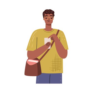 Gözlüklü ve çanta tutan şık ve modaya uygun bir öğrenci. Kolejden, liseden ya da üniversiteden izole bir öğrenci. Çizgi film tarzında vektör illüstrasyonu