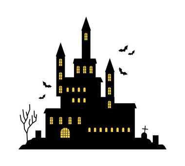 Aydınlatılmış odaları olan eski bir ortaçağ kalesi. Vektör, bahçesinde mezarlık olan Cadılar Bayramı perili evini izole etti. Kuleleri olan gotik bir yapı. Sonbaharda çıplak ağaçlar ve korkunç dallarla dolu bir kale.