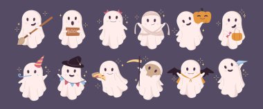 Cadılar Bayramı hayaletleri kostüm giyiyor. Şirin kötü ruhlar ve hayaletler seti. Cadı ve ölüm, anne ve vampir. Gülümseyen yüzlü Uçan Ruh karakterini tedavi et ve kandır