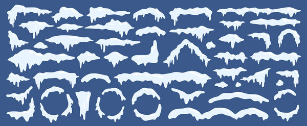 Piles of snow in winter, isolated set of cartoon snowcaps for roof and bushes. Vector snowy cover for tree branch, masses with ice and icicles. Christmas decor elements with frozen texture