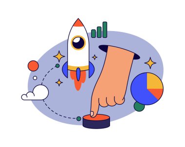 Yeni proje ya da organizasyona başlamak, iş kurma geliştirme ve mevzilendirme. Roket fırlatmayı başlatmak için vektör düz el tuşuna basın. Girişimcilik ve liderlik