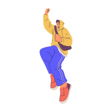 Sweatshirt ve spor pantolonlu genç bir çocuğun sokak giysisi, düz çizgi film çizimi. Havalı giyinmiş ve şık giyinmiş modern ve şık bir genç. Gençlik modası ve giyim tarzı