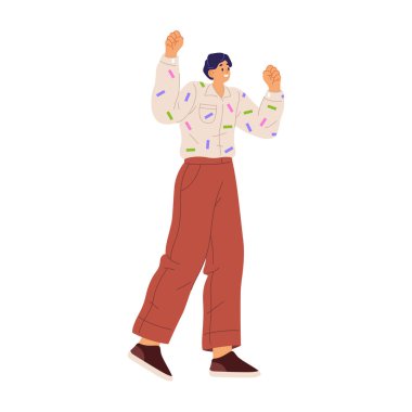 Zevk ve neşe ifade eden erkek kişiliği el kaldırıyor, düz çizgi film çizimleri çiziyor. Başarı ve heyecanı kutlayan kişi, mutlu erkek karakter bağırıyor ve gülümsüyor.