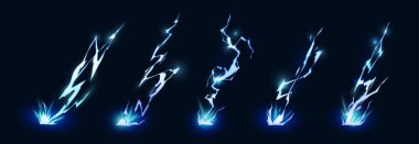 Yıldırımlar yere çarpıyor, yıldırımlar çakıyor ya da saldırıyor. Vektör izole edilmiş, ışıldayan sihirli güçlü efekt pompalı. Gök gürültüsü ve şimşek, alevler ve boşalma