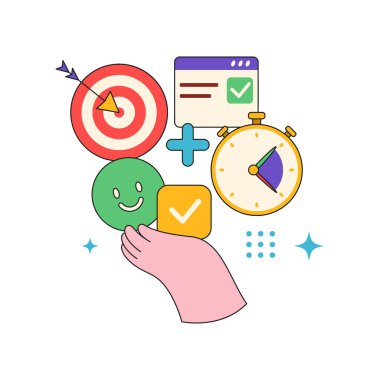 Üretkenlik ve verimlilik araçları ve aletler, izole edilmiş hedef ve ok. Zamanlayıcı ya da saati olan düz çizgi film el, randevuları olan takvim. Çalışma akışı organizasyonu