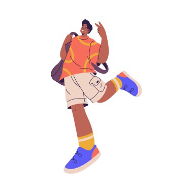 Modern giysiler içinde modaya uygun genç, barış ya da zafer işareti jesti, düz çizgi film vektör çizimi. Havalı kıyafetler, kıyafetler ve aksesuarlarla izole edilmiş havalı çocuk.