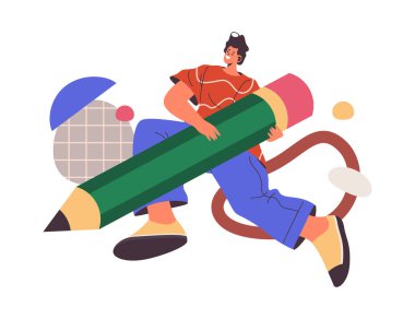 Yazar ya da editör, gazeteci ya da yazar kalem blogu ya da gazete makalesi, düz çizgi film vektör illüstrasyonu. İçerik yaratmak için kalem aracıyla izole edilmiş soyut insan kişiliği