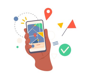 Harita uygulamalı akıllı telefon ekranı, düz çizgi film vektör çizimi. Sokakları ve hedef noktalarını gösteren cep telefonu ekranıyla izole edilmiş el, seyahat için uygulama