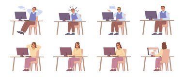 Çalışanlar evlerinde ya da işyerlerinde dizüstü bilgisayarlarla çalışıyorlar. Vektör insanları görevlerine odaklamış, kafası karışmış ya da hayal kırıklığına uğramış kişilere. Müşterilerle sohbet ve iletişim, çevrimiçi yardım bilgileri