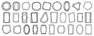 Kopyalama alanı olan basit minimalist çokyüzlü çerçeveler. Posterler ve davetiye kartı, tipografi veya sosyal medya için vektör geometrik sınırlar. Üçgen ve yuvarlak, kare ve dikdörtgen şekiller.