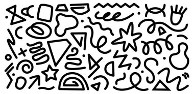 Karalamalar ve çizgi şeklindeki dekorasyon. El yazısı ya da çizilmiş eğlenceli elementlerin vektör izole seti. Graffiti ya da kişisel stil ya da sanatçı. Kalem ya da kalem, işaretleyici grunge okları ve yıldızlar