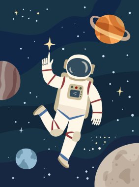 Uzayda uzay adamı, gezegenler ve yıldızlar arasında uçan astronot kostümlü adam, düz çizgi film vektör arka planı. Kozmosta uzay adamı, kozmosta bilim, astronomi arka planı