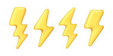 Elektrik boşalması, sarı güçlü şimşek, doğal kuvvet. Oyun tasarımı veya UI için 3d cıvata simgelerinin vektör izole seti. Kuvvetli voltaj, elektrik işareti, fırtına veya kötü hava sembolü