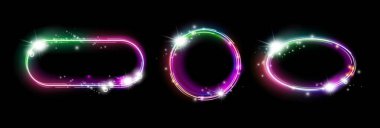 Parlak neon efektli sihirli neon çerçeveler. İzole edilmiş pankart kenarlıkları, reklam dekorasyonu veya fotokopi alanı olan modern tipografi grafikleri. Kıvılcımlı ve parıltılı daireler