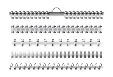 Gerçekçi dizüstü bilgisayar klasörleri. Vector, demir, plastik sarmal tel, kitap, günlük ya da not defteri, albüm ya da eskiz defterinin halka ciltleme sayfalarını izole etti. Ofis kırtasiyesi, alüminyum bobin yayları