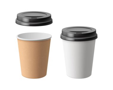 Kahve ve çay için plastik ya da kağıt bardak, sıcak içecek ve içecek. Sıvıyı sıcak tutmak için kapağı olan gerçekçi ekolojik modelleme bardağı. Dükkan ya da restorandan sipariş.