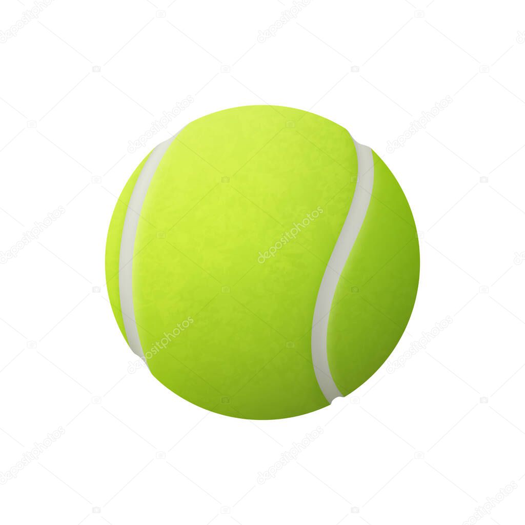 Green or yellow tennis ball, sport playing equipment. Vector realistic flying tennis ball closeup isolated on white background. Tournament or championship symbol