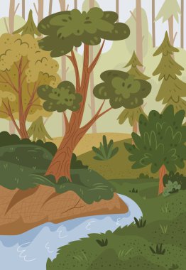 Nehir ve köknar ağaçları, yeşil çimenler ve çalılarla kaplı şirin bir orman. Vahşi orman manzarasının vektör çizimi, açık hava manzarası. Temiz çevre duvar kağıdı, çayır ve su