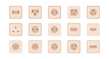 Elektrik prizi koleksiyonu, izole edilmiş, yuvarlak ve düz raptiyeli prizler. Farklı dolgu konfigürasyonları, voltajları ve akımları olan çeşitli vektörler. Dünya standart simgeleri