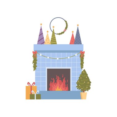 Noel şömineleri, yeni yıl ağaçları, kış tatili kutlamaları için dekorasyon. Çelenk ışıkları ve Noel çelengi olan ev yangını yerleri. Sıcak sıcak şömine rafı düz çizgi film vektör çizimi