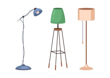 Ev, konut ya da daire için aydınlatma. Gölgeli lambaların vektörü. Ev dekorasyonu için aksesuarlar. Minimalist ya da bohem, tavan arası ya da modern mobilya tarzı