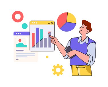 Veri, iş analiz süreci, vektör illüstrasyon düz çizgi film karakteri ve diyagram ya da grafiklerle çalışan bir adam. İş adamı ve analitik. Analiz ve denetleme, yönetim ve çoklu görev