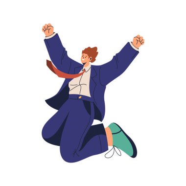 Neşeli, düz çizgi film çizimleri çizen mutlu iş adamı zıplaması ve gülümsemesi. İçeriği ve mutluluğu ifade eden takım elbiseli izole bir çalışan, şanslı ve şanslı bir insan, başarılı bir adam.