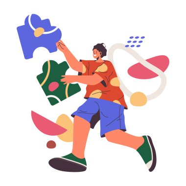 İş problemlerini ve sorunları yenilikçi ve yaratıcı bir şekilde çözmek, düz çizgi film, vektör illüstrasyonu. Yapboz parçalarının bir resimde bir araya getirildiği izole bir kişilik.