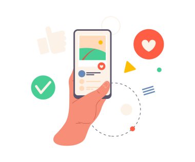 Galeri fotoğraflı akıllı telefon ekranı ya da beğeni ve gönderileri olan sosyal medya, düz çizgi film vektör illüstrasyonu. Resimli ve tepkili günlüğü veya makaleyi gösteren izole edilmiş el