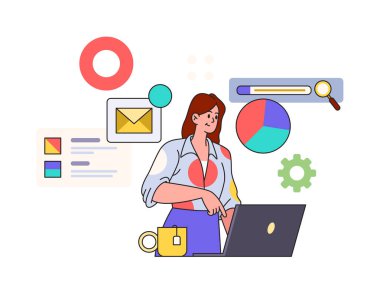 İş kadını veri analizi araştırması yapıyor, düz çizgi film vektörü. Uzaktan kumandalı kız, serbest çalışan uygulama geliştiriyor. Finansal yönetici satışları, veritabanını ve grafik grafiklerini araştırıyor