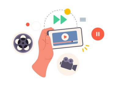 Video uygulamalı akıllı telefon ekranı, düz çizgi film vektör çizimi. Film ya da film yayınlarını gösteren cep telefonu ekranı olan izole bir el. Çevrimiçi servislerle eğlence ve eğlence