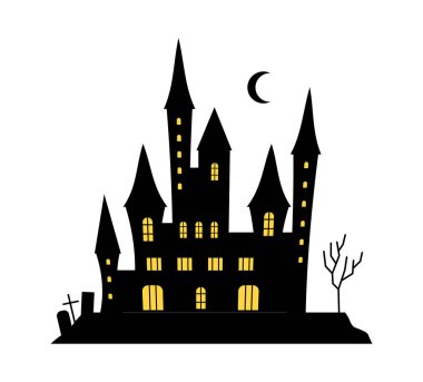 Cadılar Bayramı kaleleri, kuleleri ve pencereleri aydınlık. Vektör eski ortaçağ kalesini, dolunayı, mezar taşlarını ve çıplak ağacı izole etti. Kutlama kartları için sonbahar tatili süslemesi perili ev