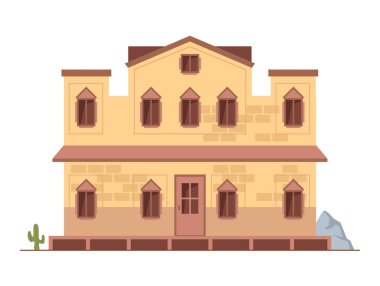 Vahşi batı binası cephesi, penceresi ve girişi olan ev ya da evin dış cephesi. Vektör düz çizgi film, kaya ve kaktüslü manzara. Amerika 'nın batı bölgesi, Teksas kovboy kültürü