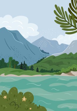 Dağ Gölü manzara vektör çizimi. Manzaralı mavi göl ve ufuktaki dağlar. Karikatür düz bahar manzarası güzel doğa, yeşil çayırlar, çiçekli çalılar.