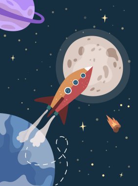Roket uzay yolculuğu konsepti. Galaxy oyun tasarımı. Yıldızlı gökyüzü ve gezegenler, dünya ve dış uzay, kozmik astroloji ve uydu uzay aracı, düşen kuyruklu yıldız
