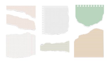 Beyaz, sarı yırtık not, yazı, reklam ya da tasarım için defter kağıdı parçaları. Vektör tutumlu kare, kaplanmış boş sayfalar. Sanat tasarım çizgileri, soyut konsept grafik elementler, defter kağıdı
