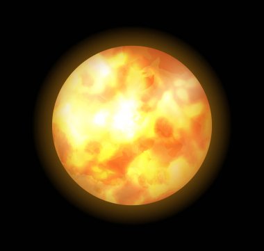 Güneş Gezegeni, gerçekçi tasarımda gerçekçi 3D küre yakıyor. Vektör sarı güneş parlıyor, parlıyor ve parlıyor, kıvılcımlar saçıyor. Siyah arka planda turuncu, sıcak, kırmızı bir gezegenin resmi.