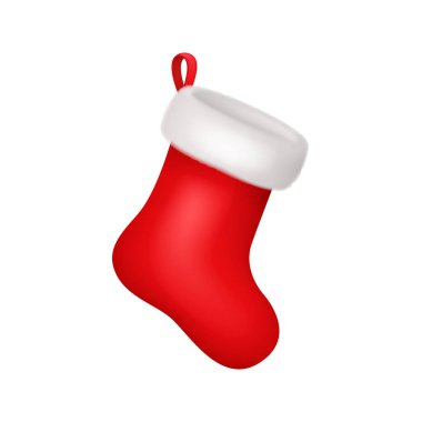 Noel çorabı ya da Noel Baba çorapları 3 boyutlu vektör illüstrasyonunu izole etti. Yılbaşı tatili aksesuarı, hediyeler ve hediyeler için kürklü geleneksel çorap, Noel dekoratif nesnesi.