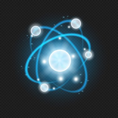 Parçacığın neon ışık etkisi, nükleer atomun izole edilmiş modeli. Küçük parça yapısının vektör işareti, füzyon yörünge dönüşü. Atomik nötron. Molekül füzyonu. Proton çekirdek sembolü. İyon ögesi