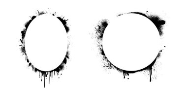 Kabataslak desenli dairesel çerçeveler izole edilmiş sprey sıçrama kolleksiyonu. Vector soyut yuvarlak ve oval çirkin sınırlar. Boya mürekkebi yarım ton boyası, gürültü efekti boya fırçası. Grunge sıçraması.