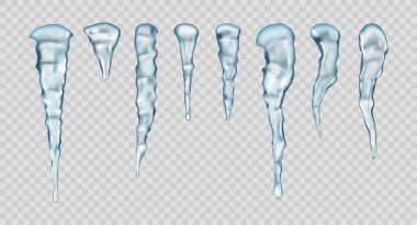 Buzul türleri, izole edilmiş buz kütleleri farklı boyutlarda. Sarkıt vektör kümesi. Parlak berrak buz kristali, donmuş su katı halde. Kış mevsimi açık hava dekoratif elementleri