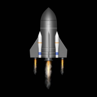 Uzayda roket gemisi kalkıyor. Vektör gerçekçi mekiği kozmik keşif ve keşif için füzelerle izole etti. Astronotlar için bir görev. Astronomi ve teknolojik gelişim