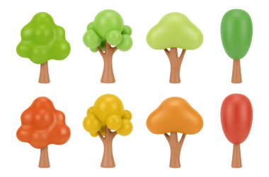 Oyun tasarım dekorasyonu için bitki ve bitkiler. Vektör 3 boyutlu simge, yaprakları, dalları ve sapları olan izole edilmiş ağaçlar. Botanik bahçe tasarımı, plasteline el işi, doğa işareti.